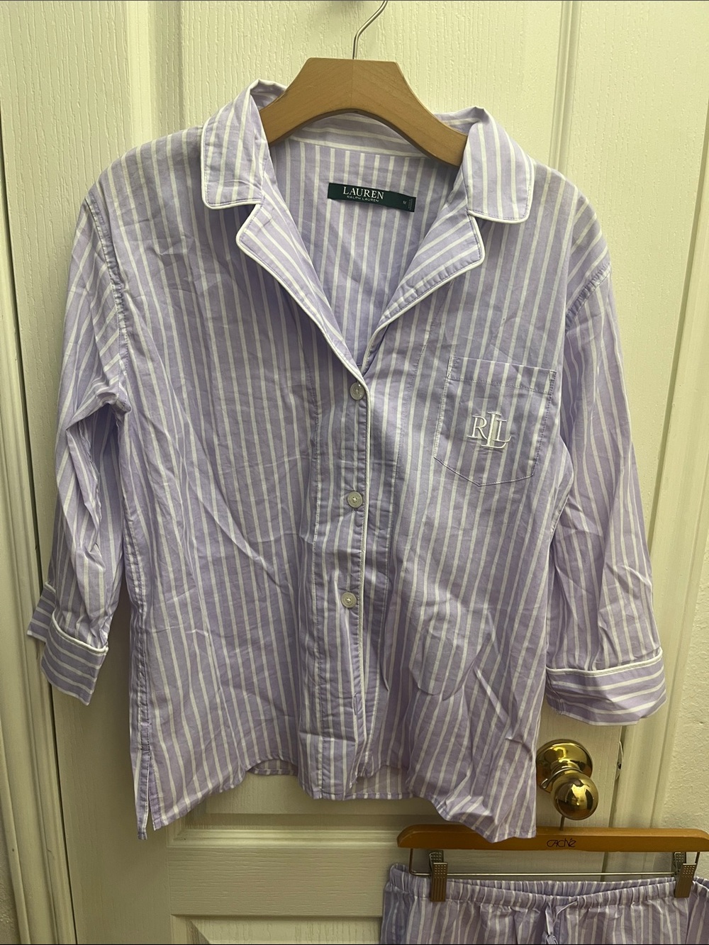 Lauren Ralph Lauren Lavender and White Striped Cotton Pajama Top